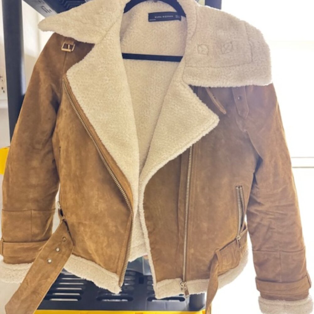 Zara WOMAN Tan Brown Faux Suede Shearling Aviator Bomber Jacket M